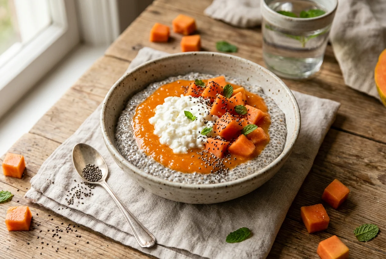 Chia-Pudding mit Papayasauce und Hüttenkäse