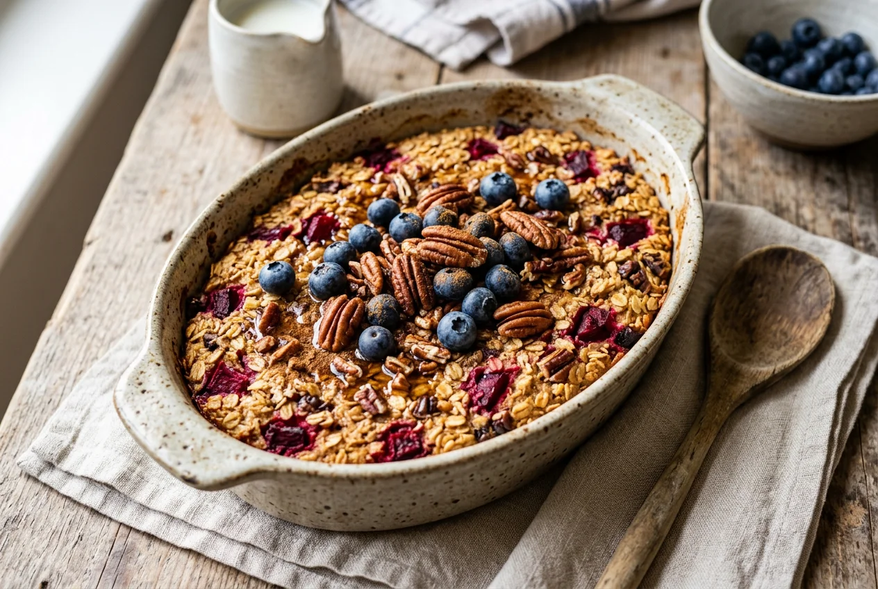Baked Oats mit Pekannüssen und Roter Bete