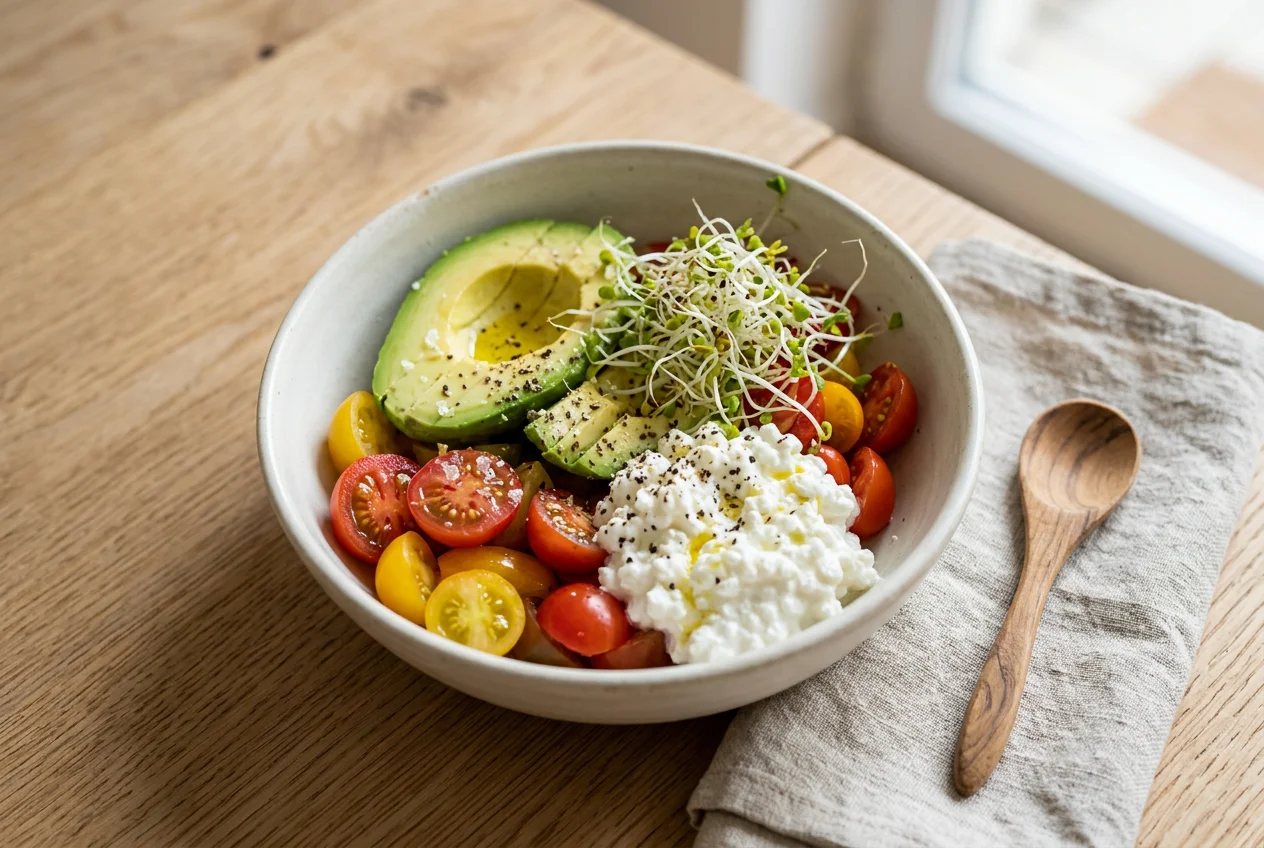 Avocado-Tomaten-Bowl mit Hüttenkäse und Sprossen