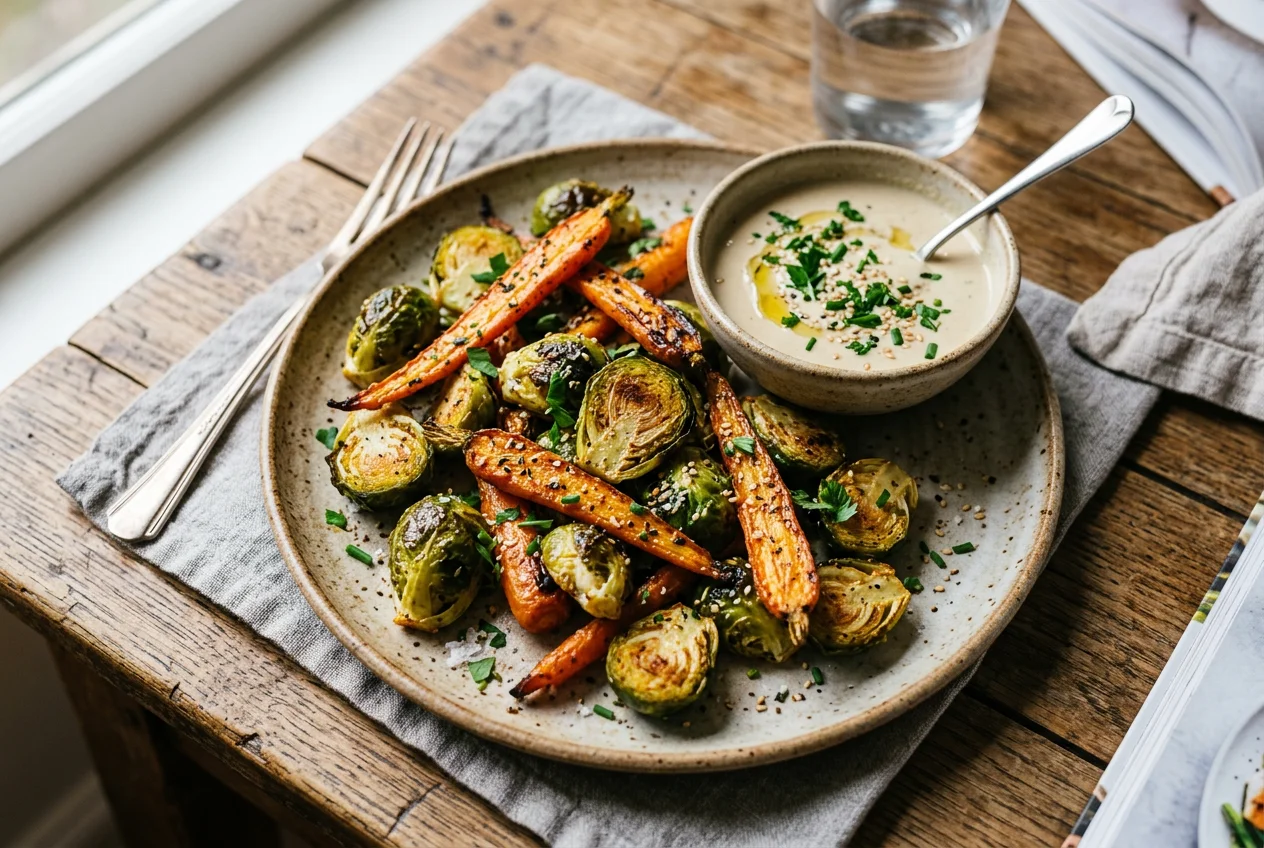 Rosenkohl-Ofengemüse mit Tahin-Kräuter-Dip