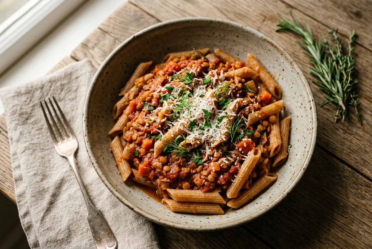 Vollkorn-Penne mit Fenchel-Linsen-Bolognese