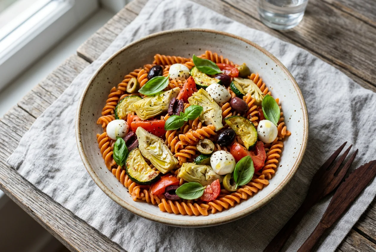 Linsenpasta mit Oliven und Artischocken