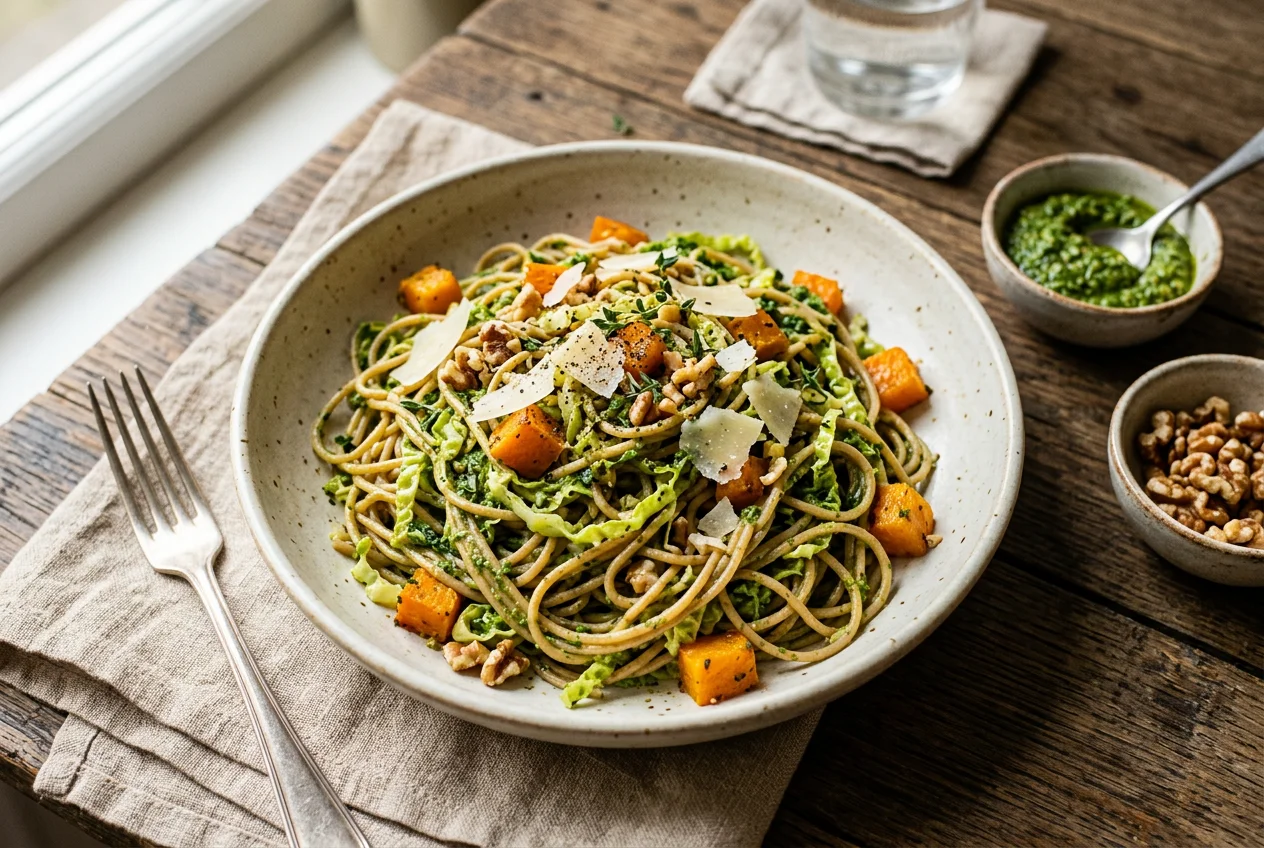 Wirsing-Kürbis-Spaghetti mit Walnuss-Pesto