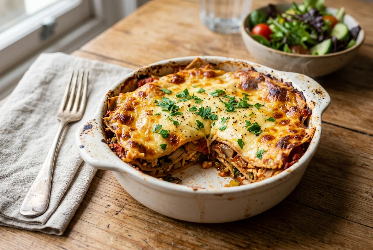 Pilz-Lauch-Lasagne mit Tofu-Hack