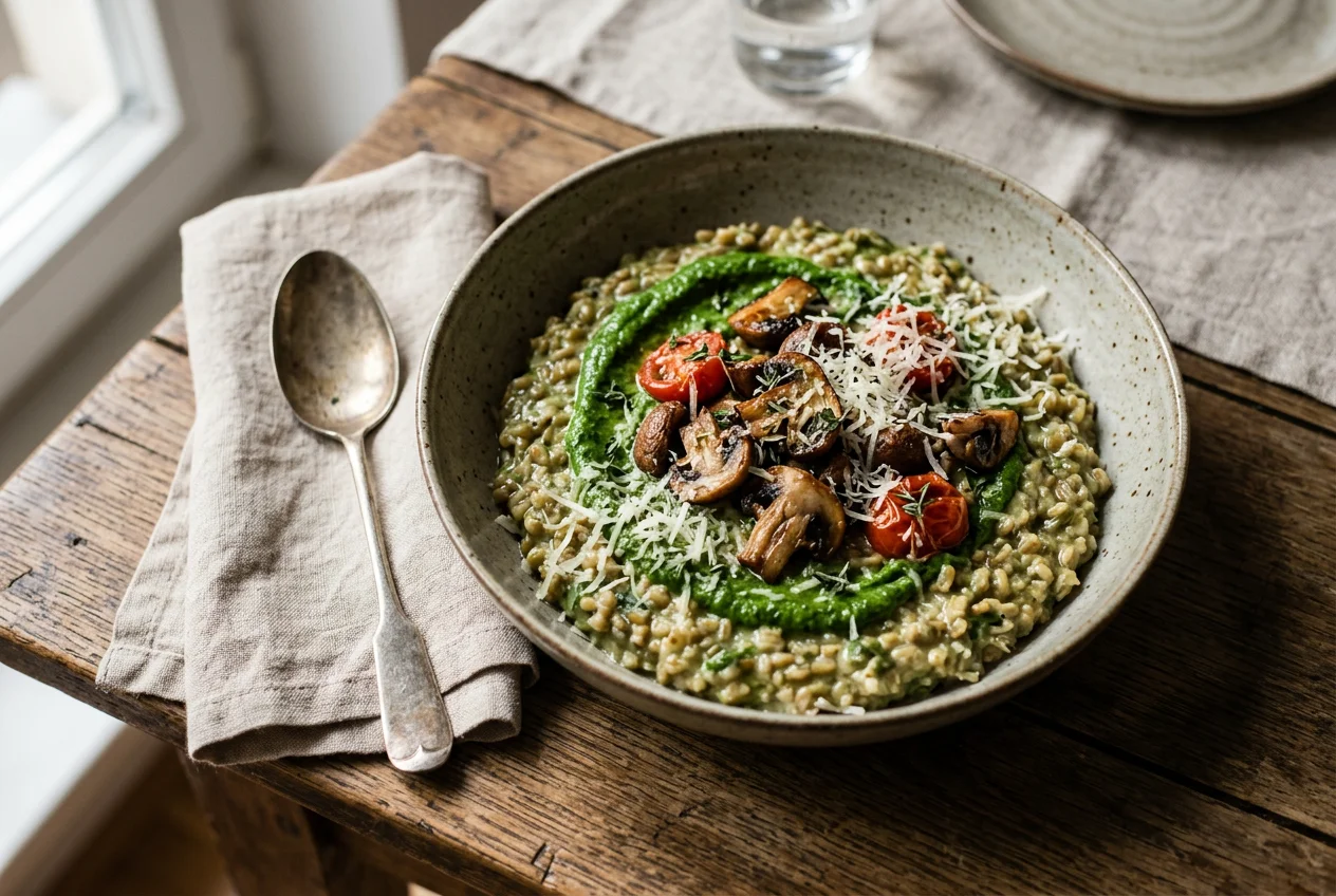 Grünkern-Risotto mit Spinat und Pilzen