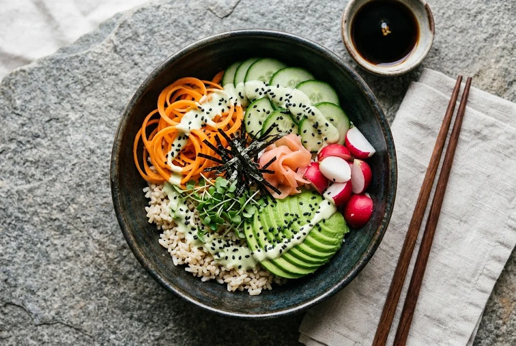 Bunte Sushi-Bowl mit Wasabi-Tofu-Dressing