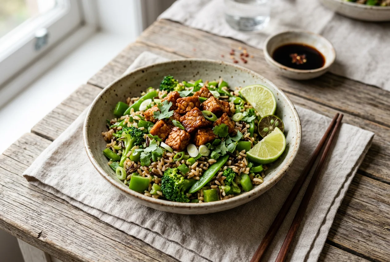Grüner Gemüse-Bratreis mit Tempeh