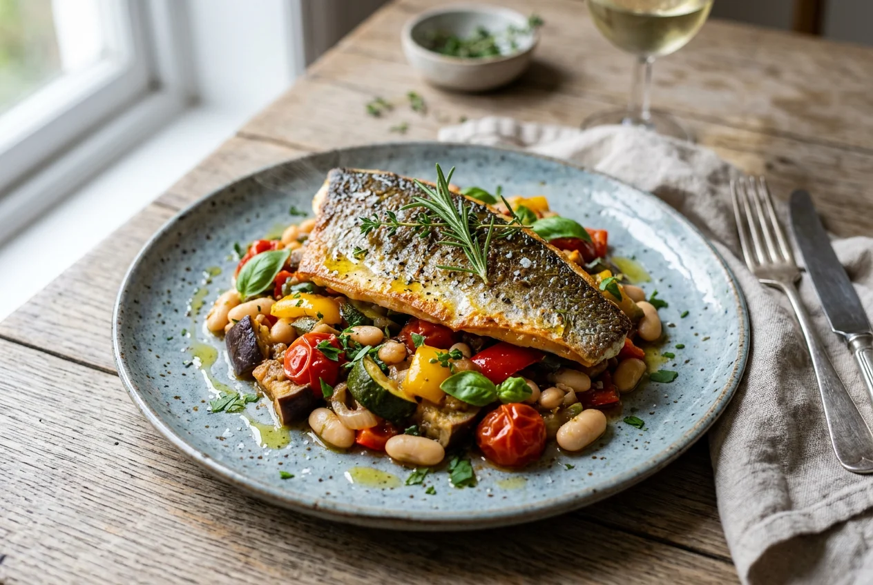 Wolfsbarschfilet mit Bohnen-Ratatouille