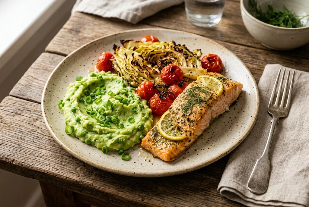 Ofenlachs mit Spitzkohl und Kartoffel-Erbsen-Stampf