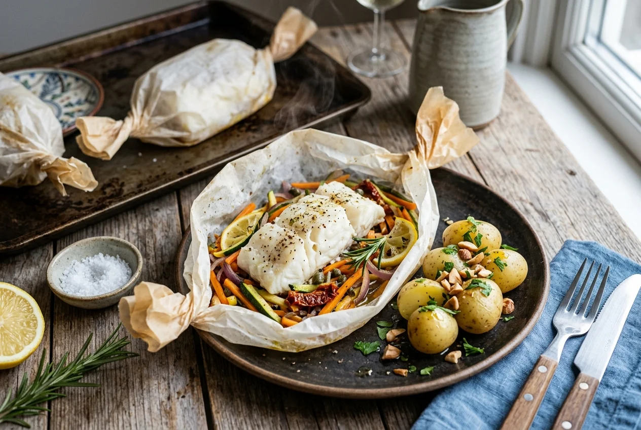 Mediterrane Fischpäckchen mit Kartoffeln und buntem Gemüse