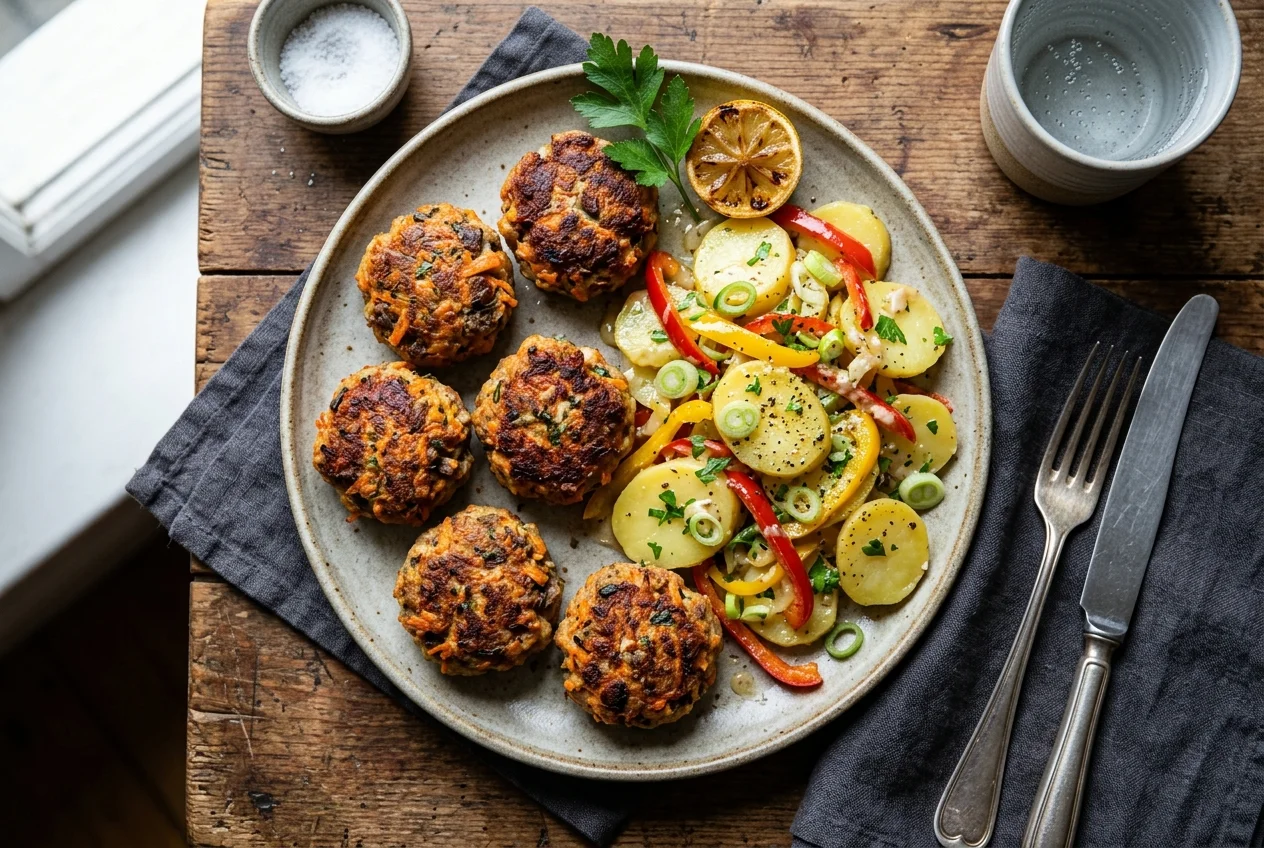 Möhren-Rindfleisch-Frikadellen mit Kartoffelsalat
