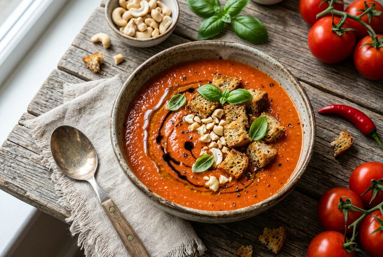 Rohe Gemüsesuppe mit Cashews und Croûtons
