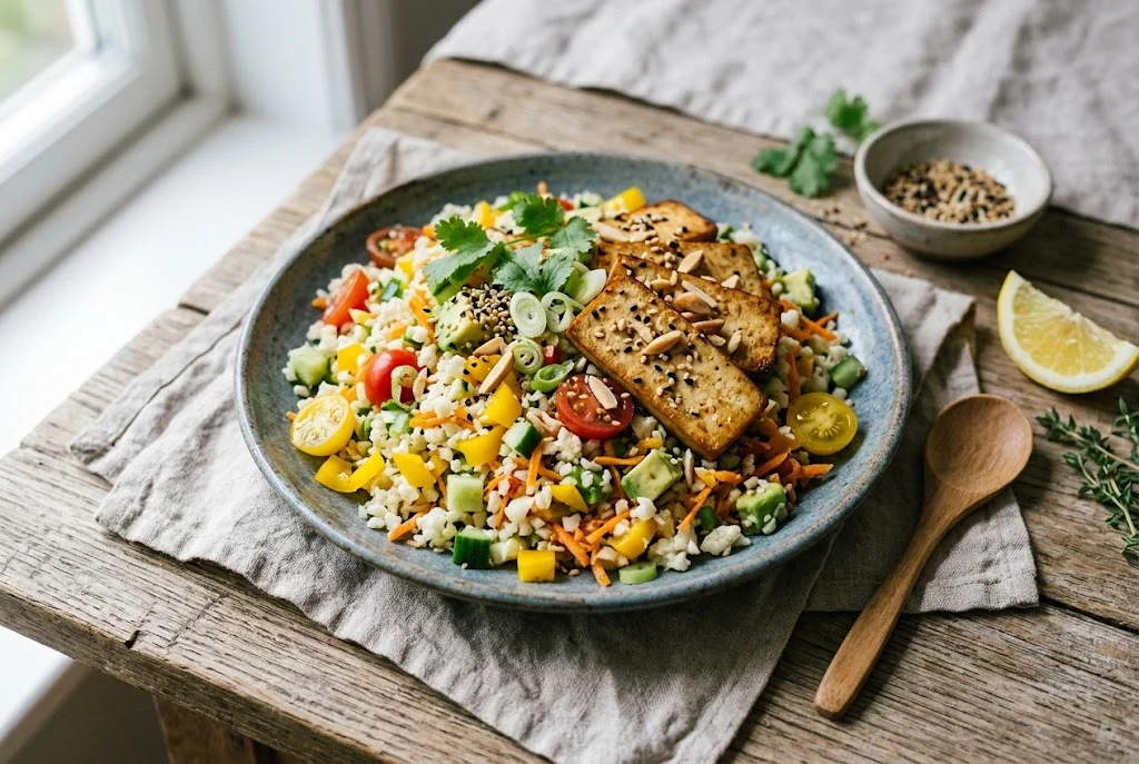 Blumenkohlreis-Salat mit geräuchertem Tofu