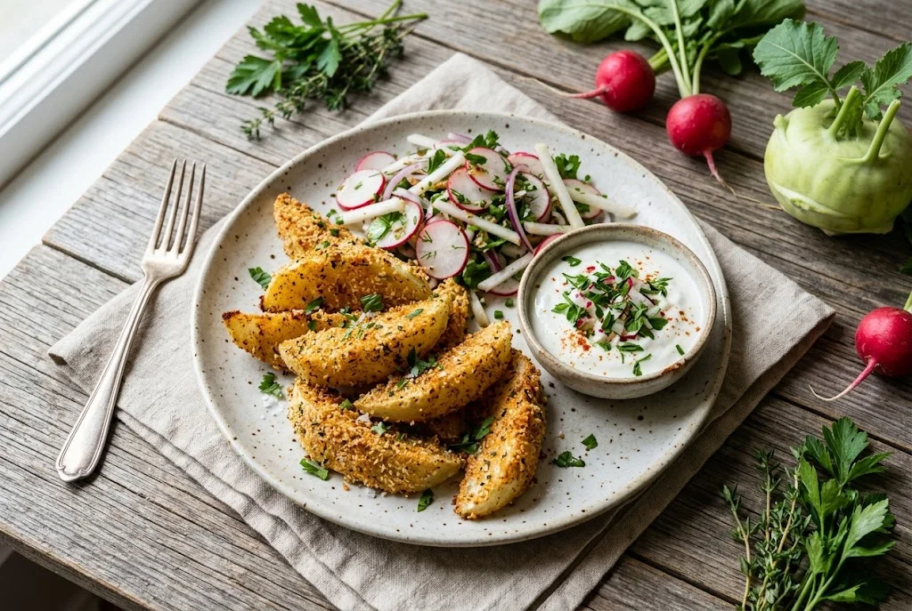 Kohlrabi-Wedges aus dem Ofen mit Rettich-Radieschen-Salat