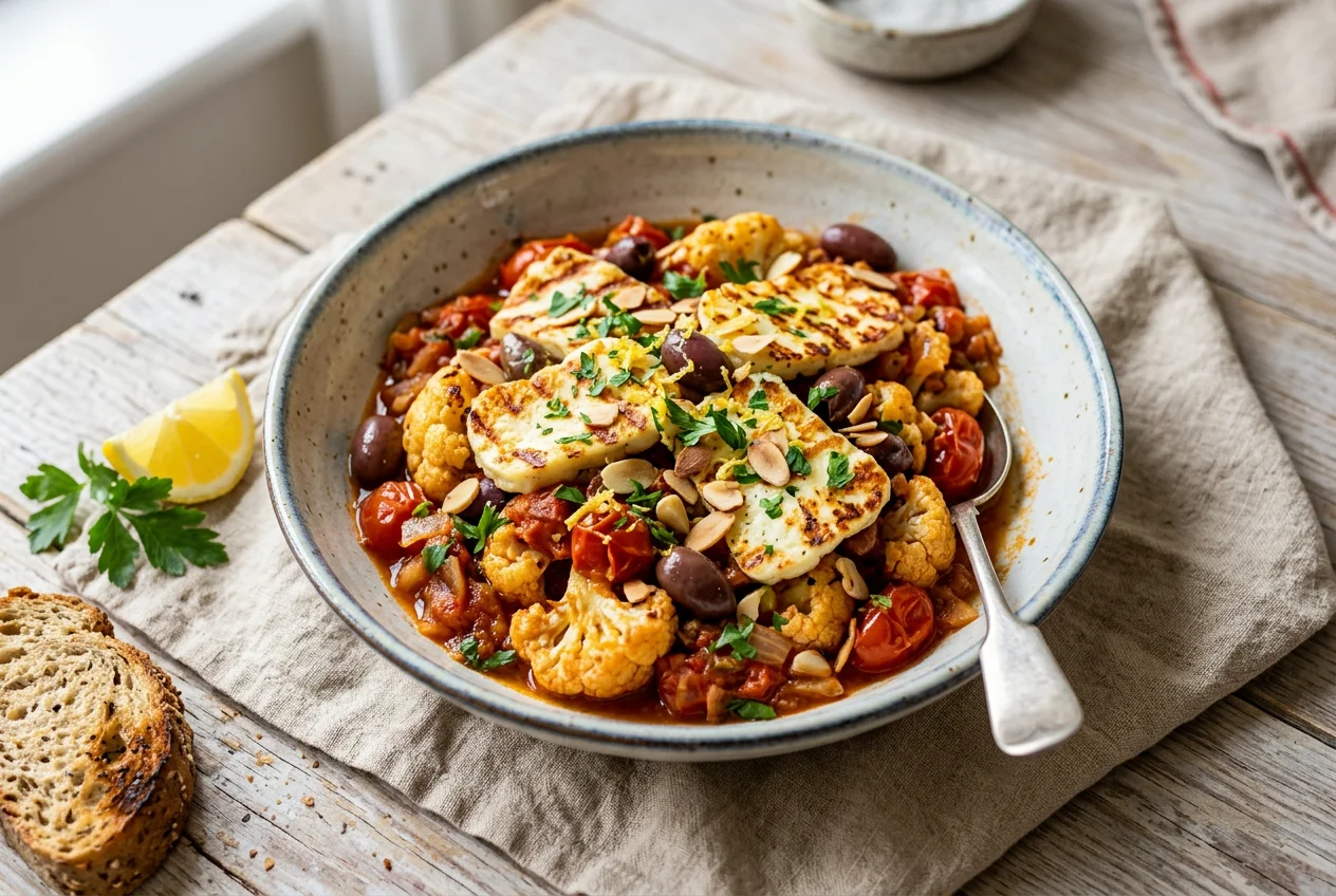 Griechischer Blumenkohl mit Tomaten und Halloumi