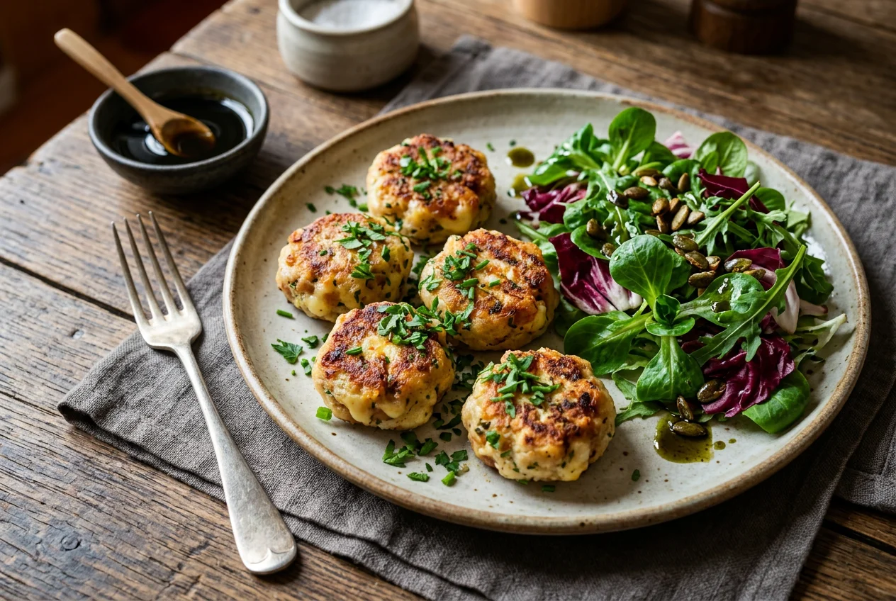 Kaspressknödel mit gemischtem Blattsalat