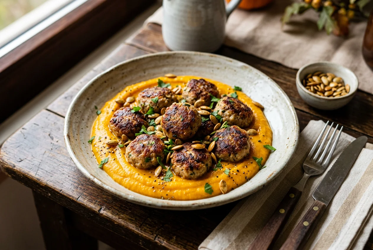Mini-Frikadellen mit Kürbispüree