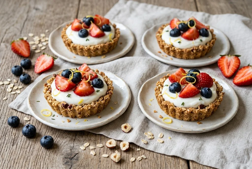Hafer-Nuss-Törtchen mit Beeren und Skyr