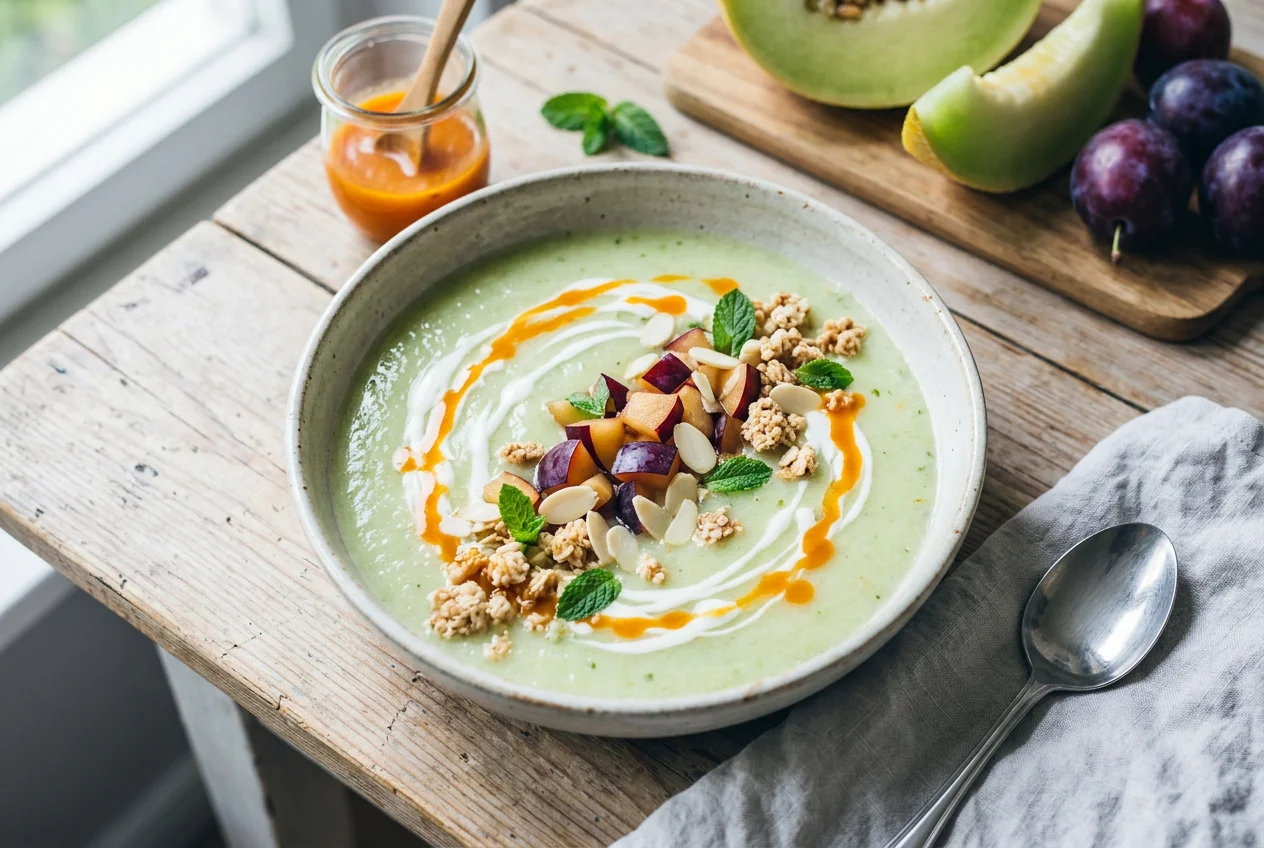 Melonenkaltschale mit Pflaumen und Sanddorn