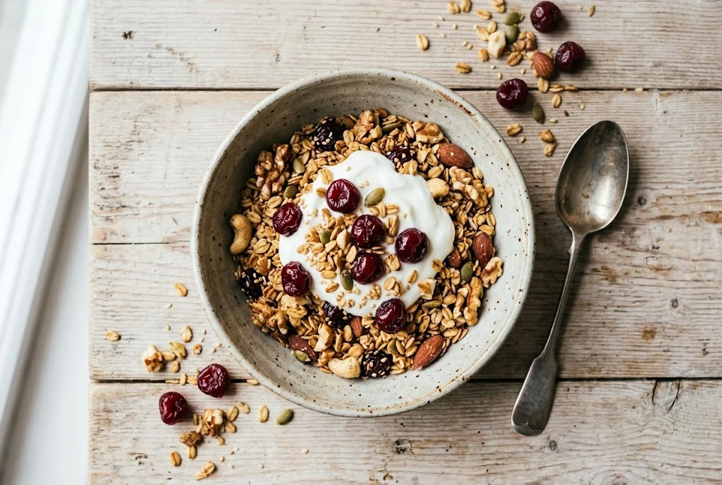 Selbst gebackenes Granola mit Sauerkirschen