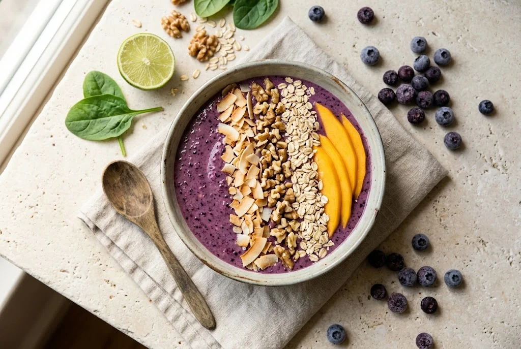 Smoothie-Bowl mit Blaubeeren und Spinat