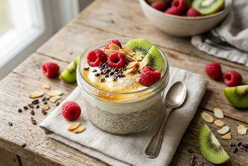 Chia-Mandel-Pudding mit Himbeeren
