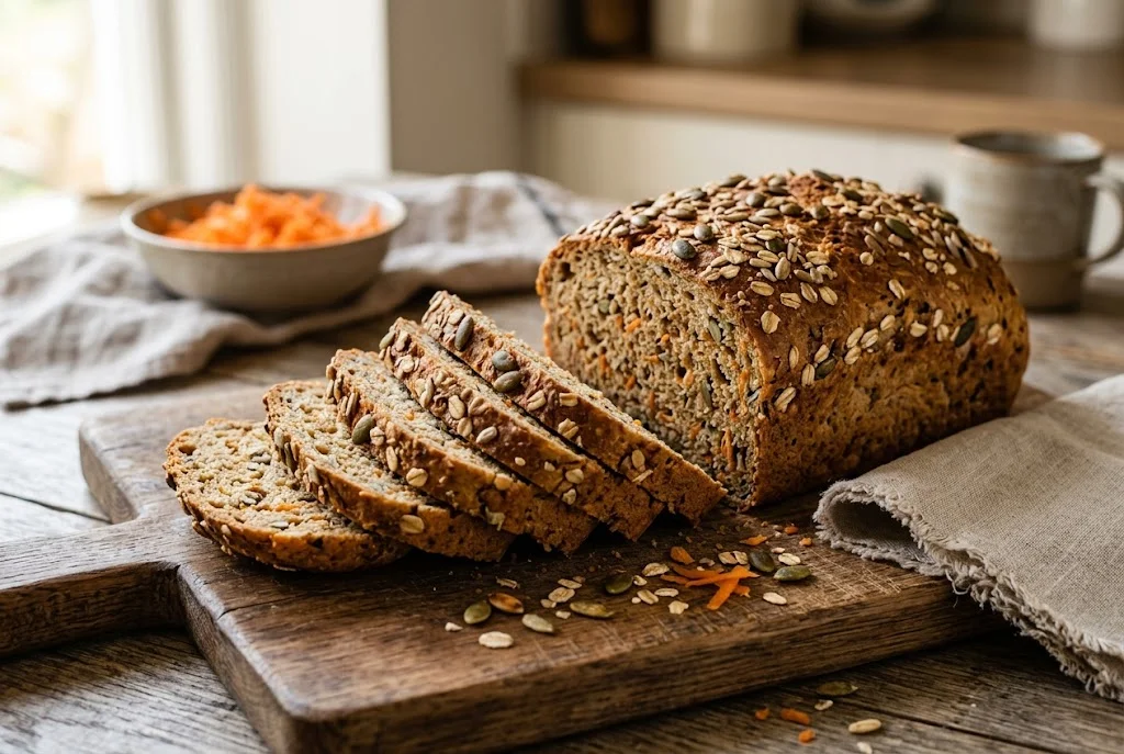 Vollkornkastenbrot mit Möhren und Kürbiskernen
