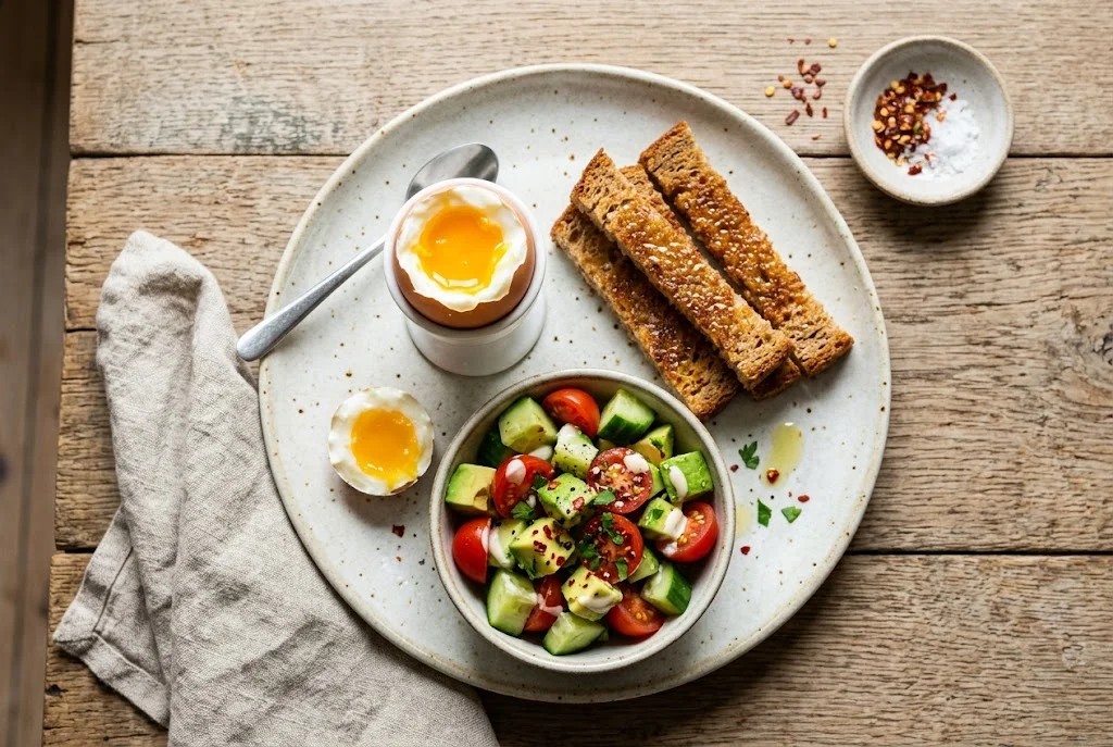 Frühstücksei mit Avocado-Tomaten-Salat