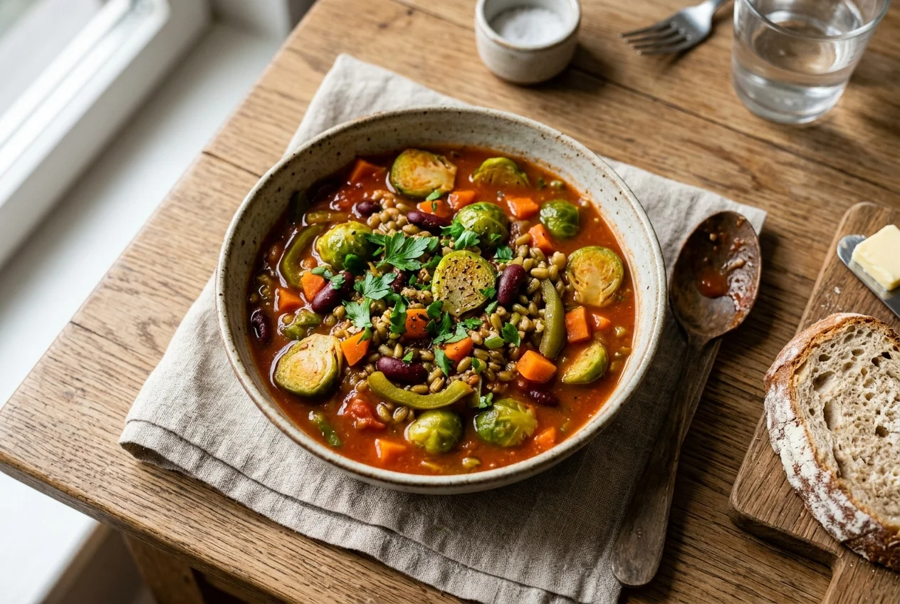 Rosenkohl-Grünkern-Eintopf mit Kidneybohnen