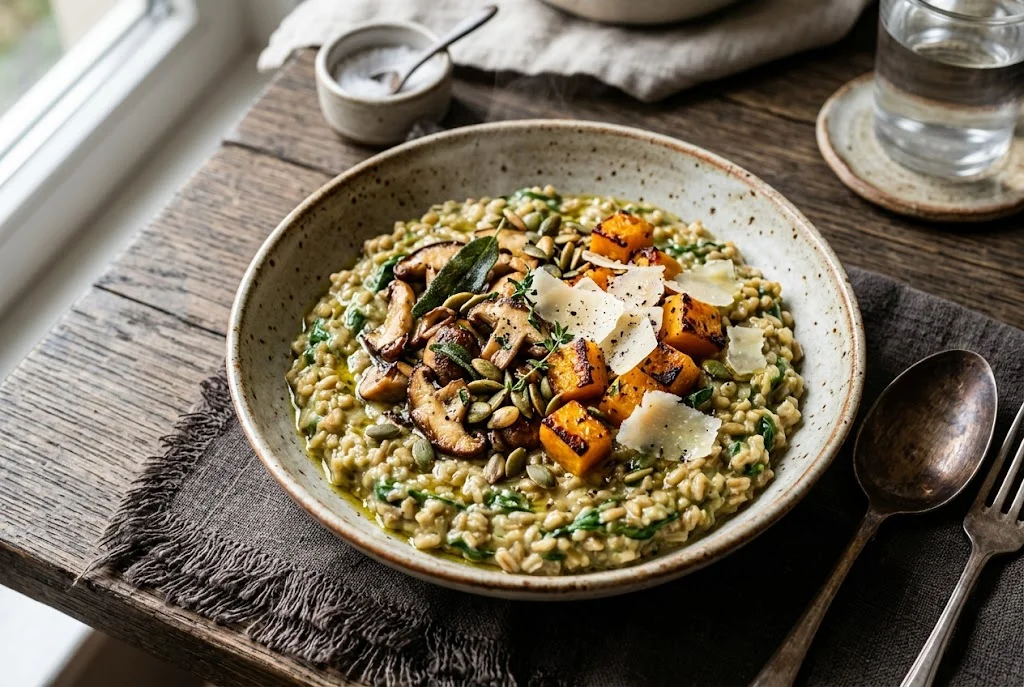Grünkern-Risotto mit Kürbis und Pilzen