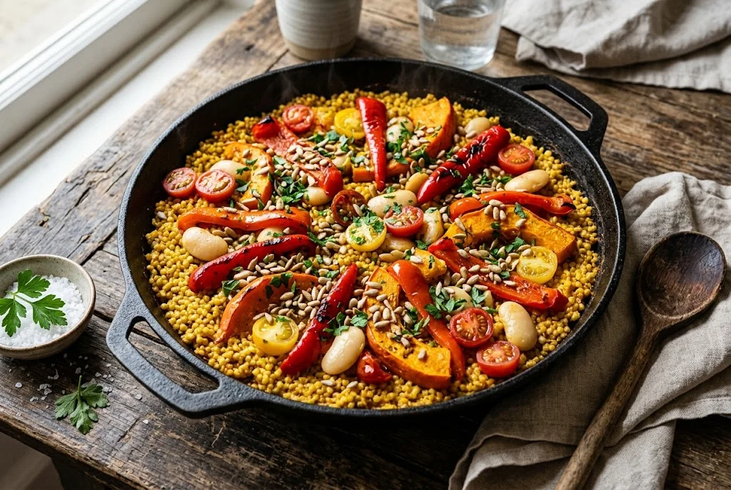 Hirse-Paella mit Paprika und weißen Bohnen