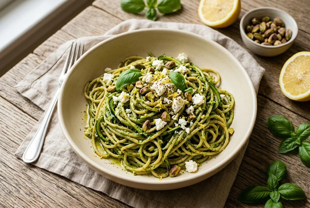 Zucchini-Emmer-Spaghetti mit Feta und Pistazienpesto