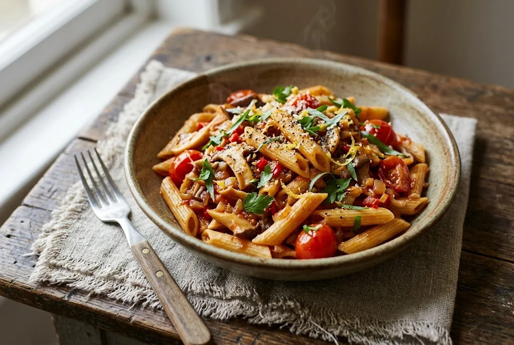 Penne mit Pilzen und Tomatenragout