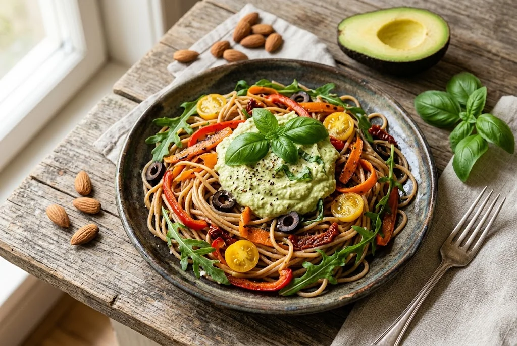 Gemüse-Rucola-Pasta mit Avocado-Mandel-Creme