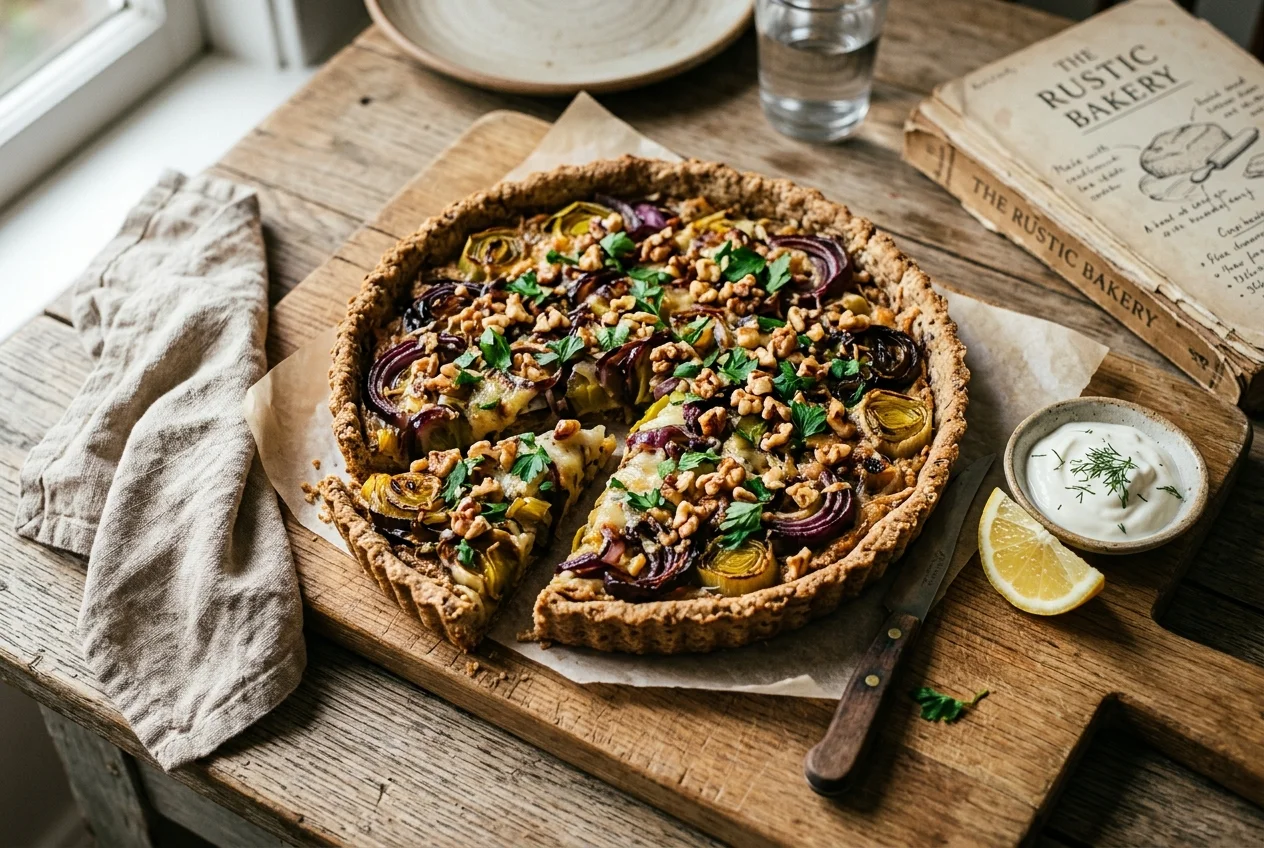 Lauch-Zwiebel-Tarte mit Leinsamen-Vollkorn-Boden