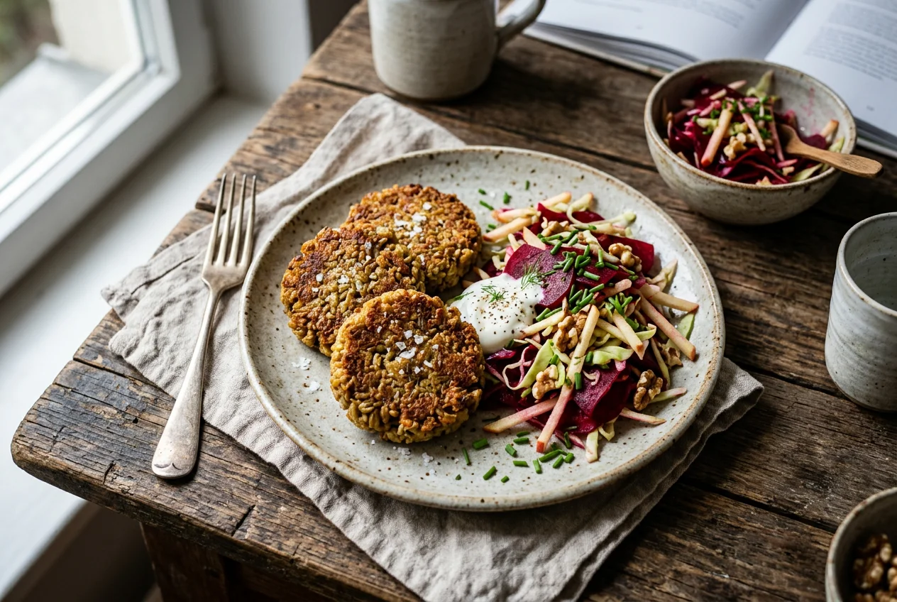 Grünkernbratlinge mit Rote-Bete-Spitzkohl-Salat