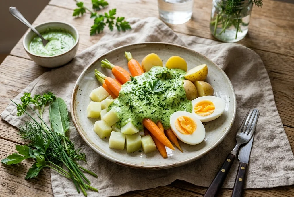Gedämpftes Gemüse mit Kartoffeln und grüner Sauce