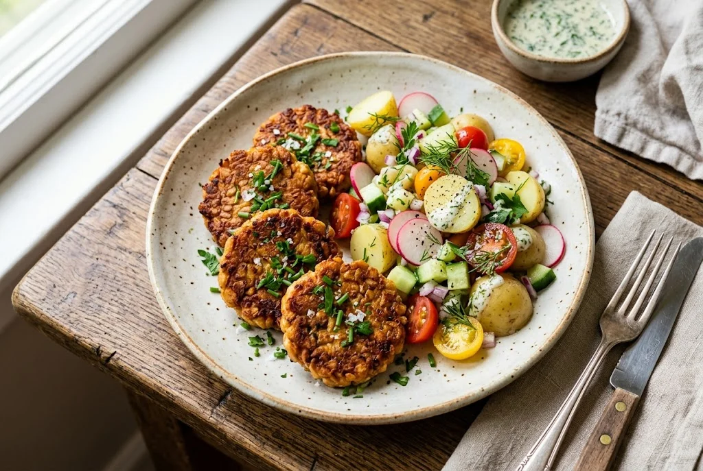 Tempeh-Bratlinge mit buntem Kartoffelsalat