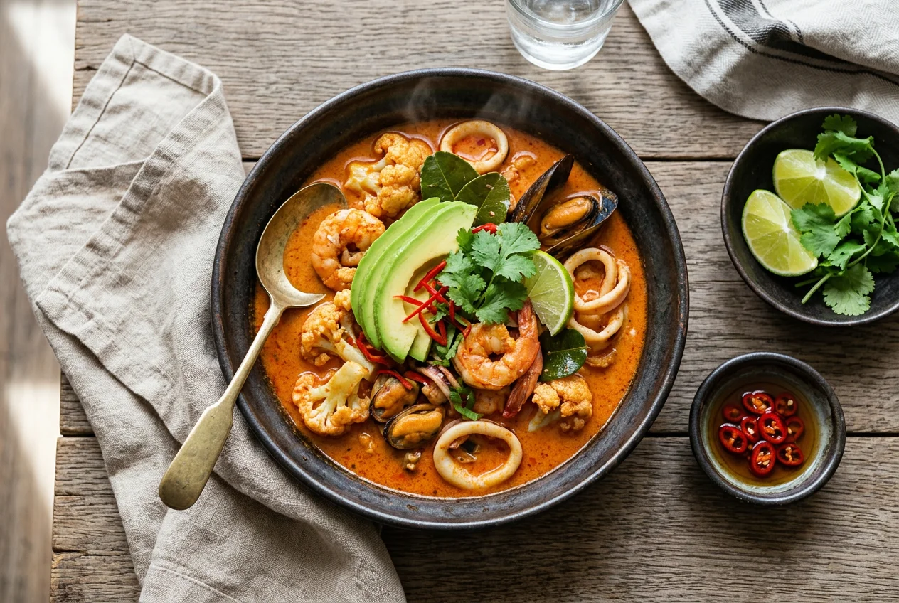 Rotes Blumenkohlcurry mit Meeresfrüchten