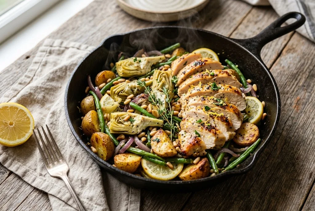 Zitronenhähnchen mit Artischocken-Kartoffel-Pfanne
