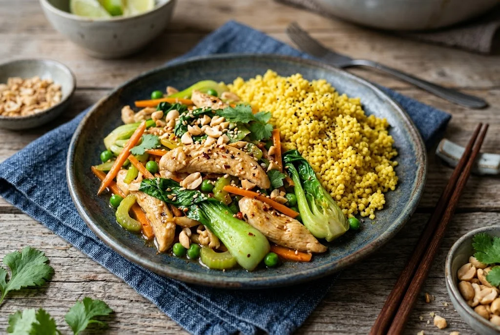 Hähnchen-Gemüse-Wok mit Kurkuma-Hirse