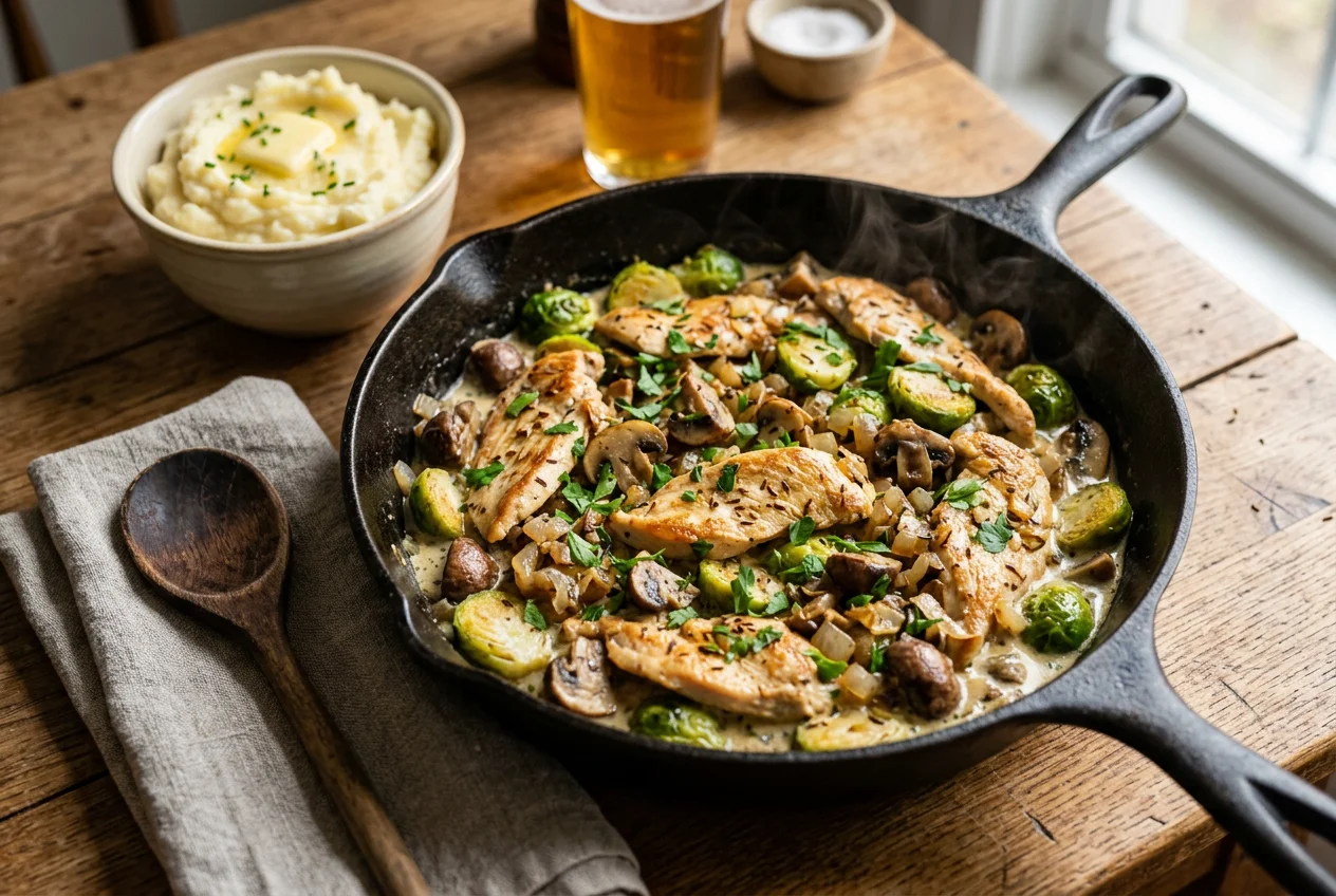 Hähnchenpfanne mit Rosenkohl und Pilzen
