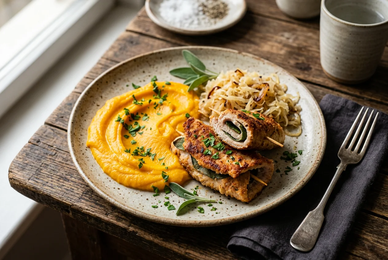 Salbeischnitzelchen mit Kraut und Kürbispüree