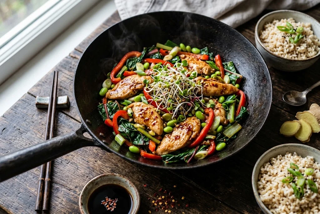 Hähnchen-Wok mit Gemüse und Sprossen