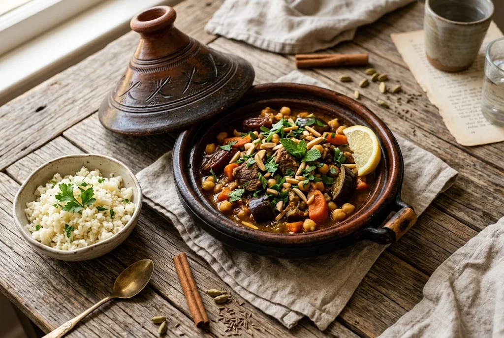 Rindfleisch-Tajine mit Aubergine und Blumenkohl-"Reis"