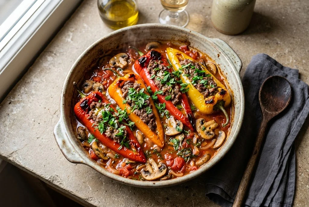 Gefüllte Spitzpaprika mit Tomaten-Pilz-Sauce