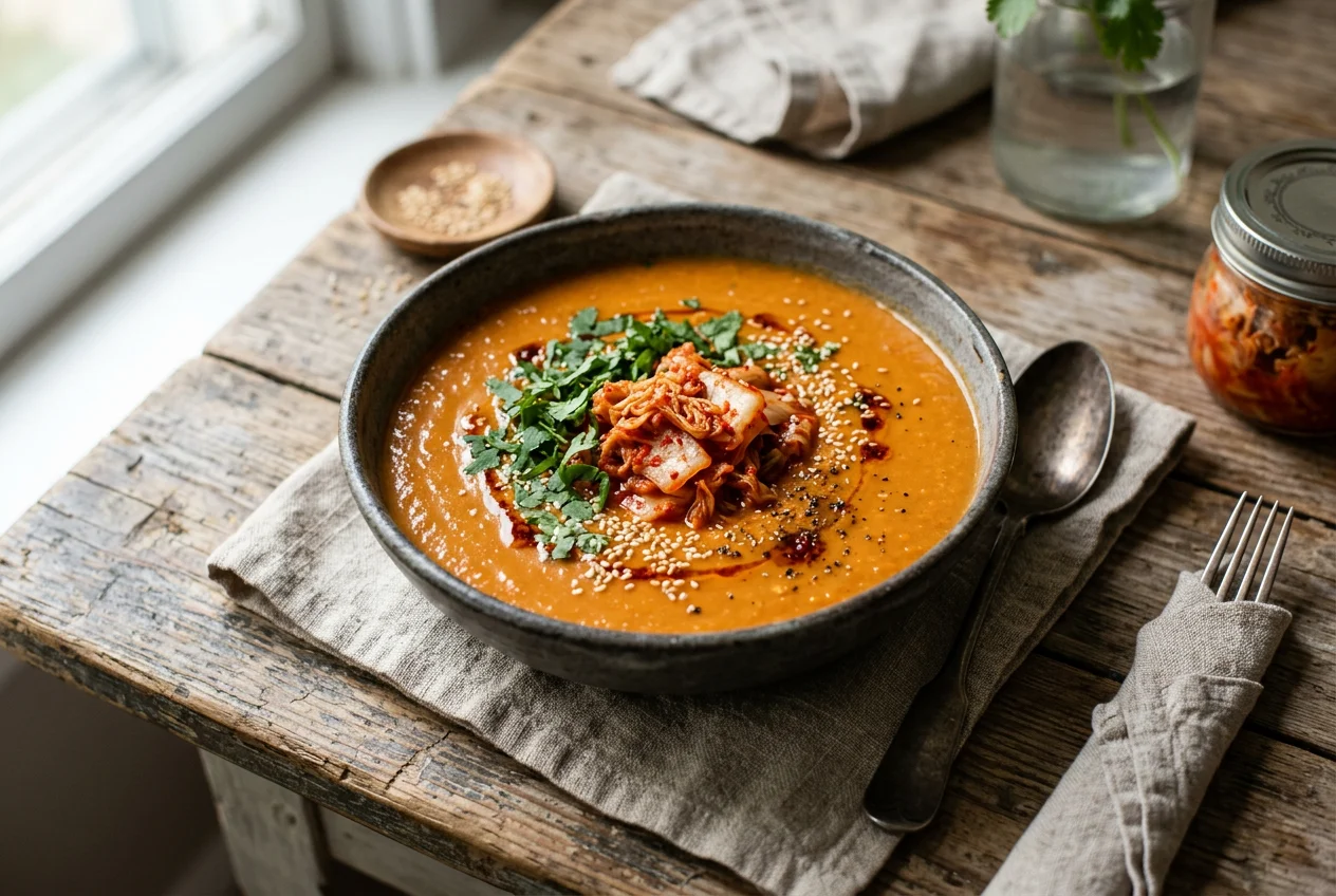 Rote Linsensuppe mit Kimchi