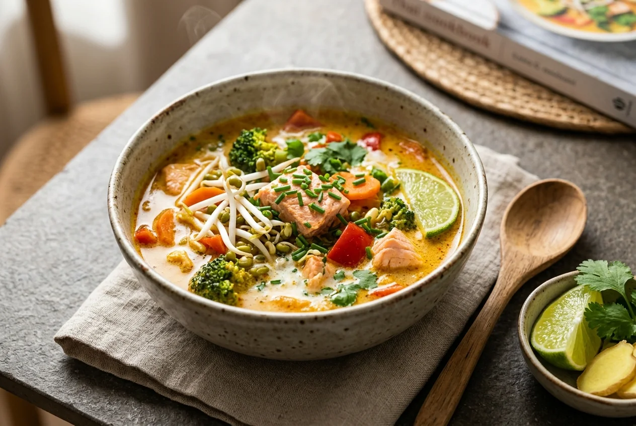 Currygemüsesuppe mit Lachs und Sprossen