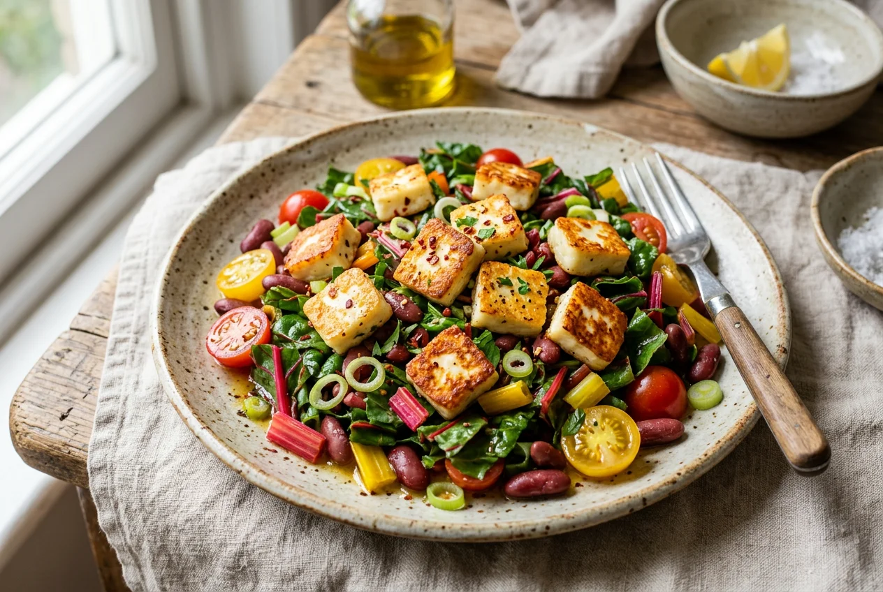 Mangold-Bohnen-Salat mit gebratenem Halloumi