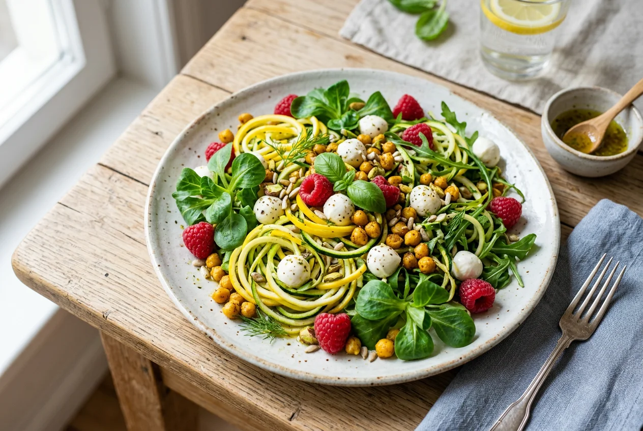 Zoodles-Salat mit Himbeeren und Mozzarella